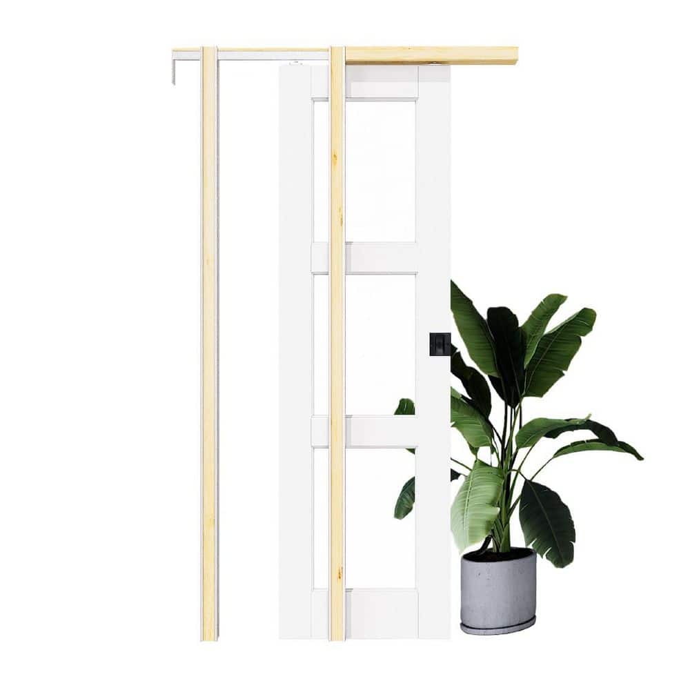 24 in. x 80 in. 3-Lite Clear Glass White Primed Wood Sliding Pocket Door with Hardware (Soft Close + Black Lock Incl) price history on PriceWatchPro