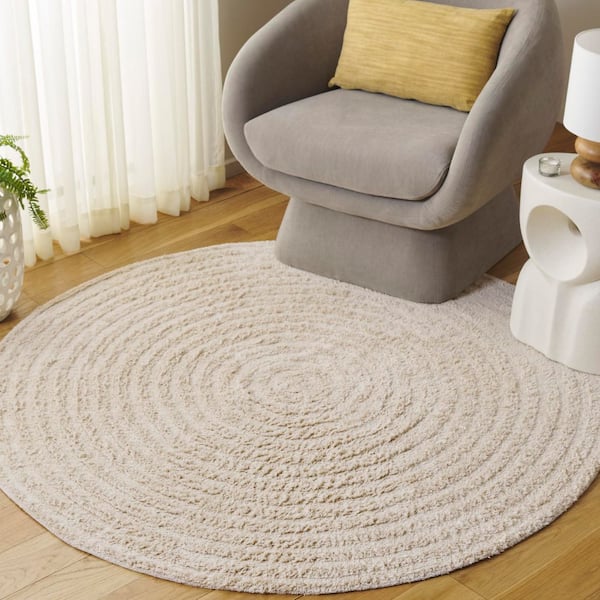 Easy Care 5 ft. x 5 ft. Ivory Machine Washable High-Low Dendric Solid Round Area Rug