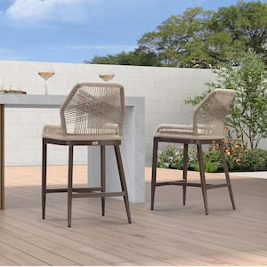 Modern Aluminum Twill Wicker Woven Counter Height Outdoor Bar Stool with Back and Sunbrella Taupe Cushion (2-Pack)