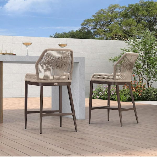 PURPLE LEAF Modern Aluminum Twill Wicker Woven Counter Height Outdoor Bar Stool with Back and Sunbrella Taupe Cushion (2-Pack)