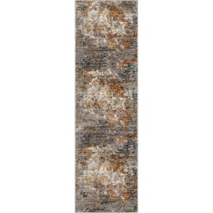Horosan Abstract Modern Distressed Grey Multi 2 ft. x 7 ft. Runner Area Rug