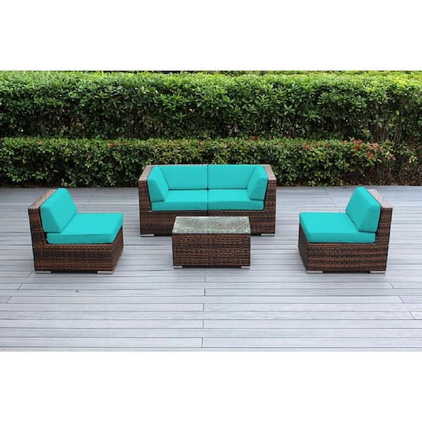 Ohana Mixed Brown 5-Piece Wicker Patio Seating Set with Sunbrella Aruba Cushions