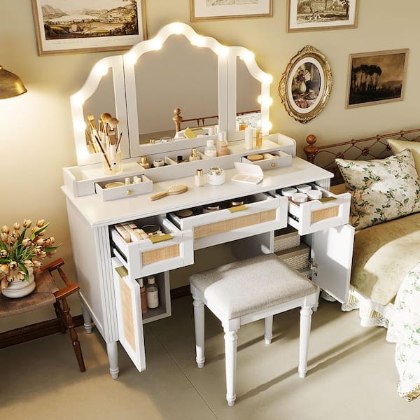 White Makeup Vanity Set with 13 Hollywood Bulbs, 3 Lighting Modes, Tri-Fold Mirror, 5 Drawers and Shelves