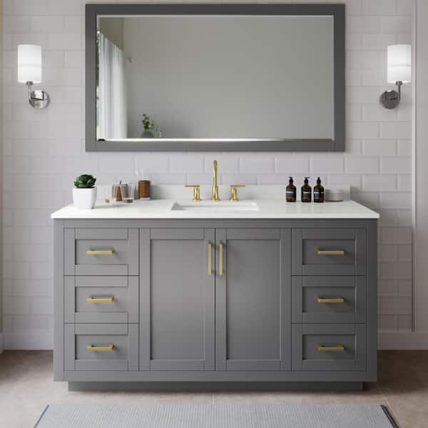 Wyndham Collection Miranda 66 in. W x 22 in. D x 33.75 in. H Single Bath Vanity in Dark Gray with White Quartz Top and 58 in. Mirror