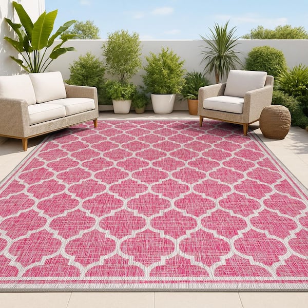 Fuchsia/Light Gray 9 ft. x 12 ft. Trebol Moroccan Trellis Textured Weave Indoor/Outdoor Area Rug