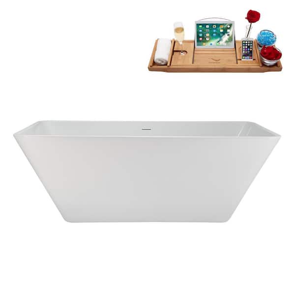 63 in. x 32 in. Acrylic Freestanding Soaking Bathtub in Glossy White with Glossy White Drain