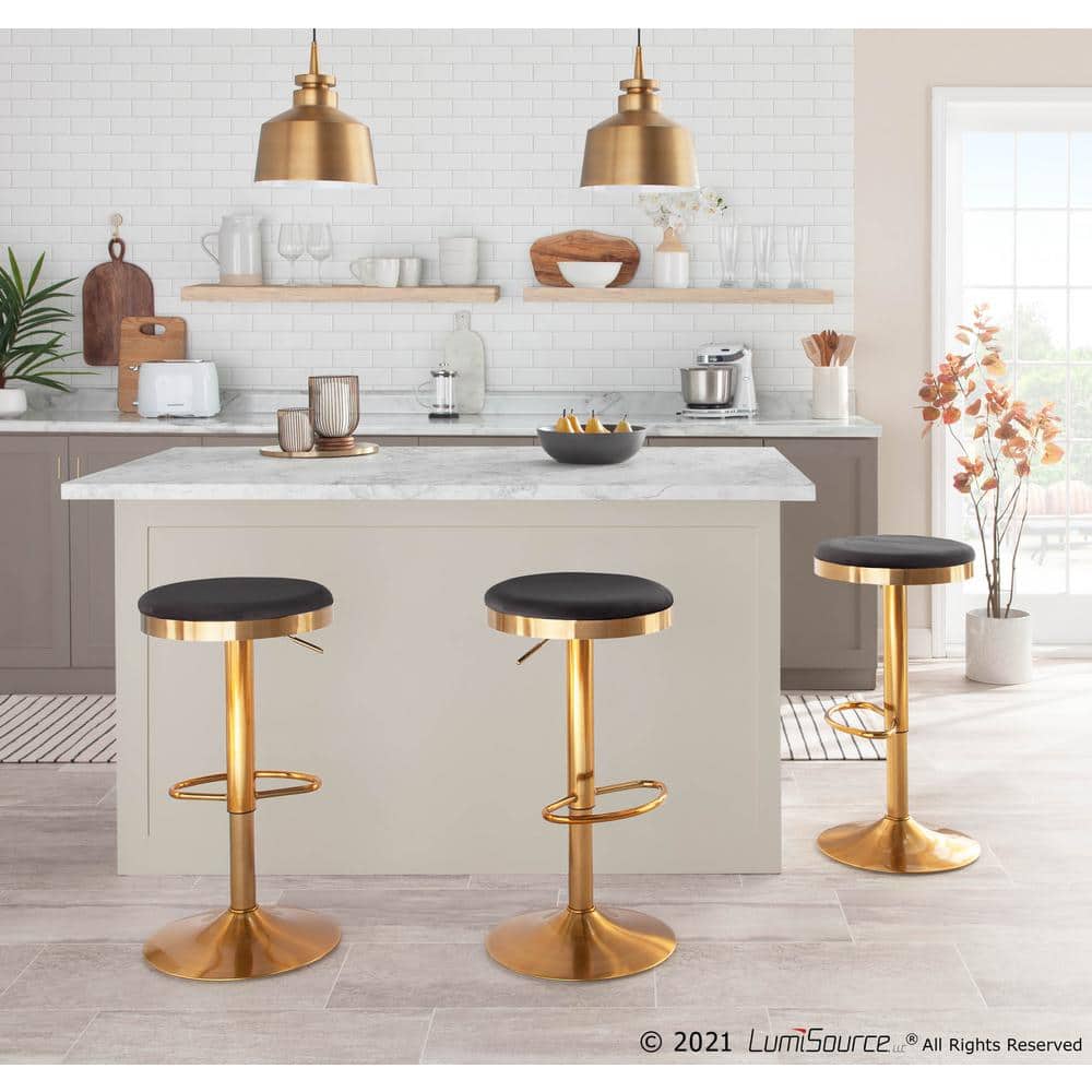 Set of 2 Black Velvet Adjustable Gold Swivel Bar Stools
