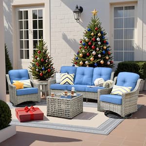 Denver 5-Piece Wicker Outdoor Furniture Patio Conversation Sofa Set with Swivel Rocking Chairs and Sky Blue Cushions