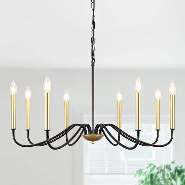 8-Light Black and Gold Candle Design Hanging Linear Chandelier Lighting Ceiling Light for Kitchen Island