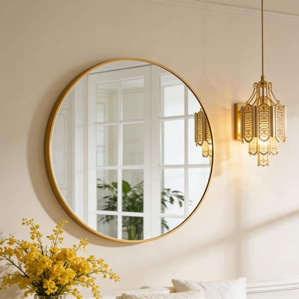 Thi 16 in. W x 16 in. H Modern Round Aluminum Framed Wall Bathroom Vanity Mirror in Gold