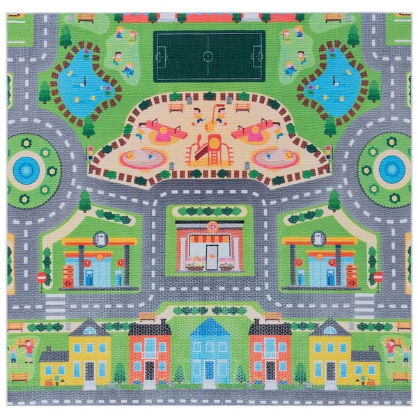 Tacoma Kids 5 ft. x 5 ft. Gray/Green Town Playground Square Area Rug