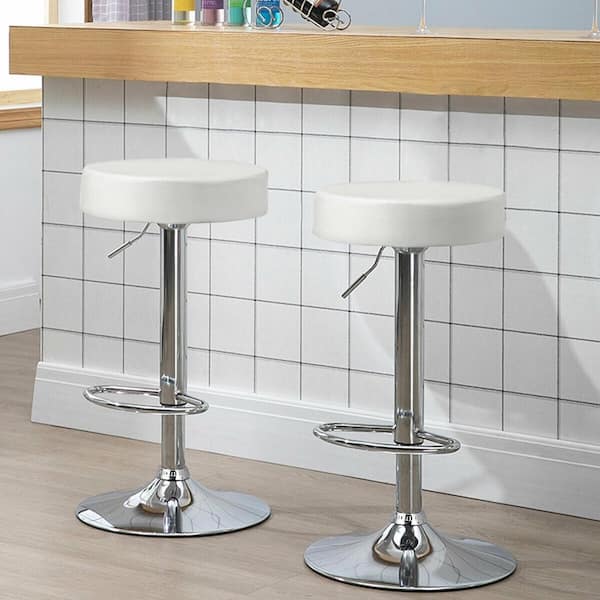 34 in. White PU Leather Adjustable Round Bar Stool Swivel Pub Chair