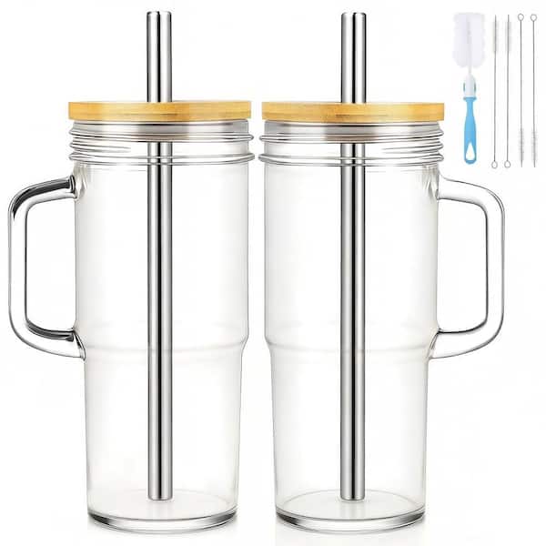 24 oz. Portable Reusable Leak-Proof with Handle Clear Glass 2-Pack Glass Tumbler Cup with Bamboo Lid and Straw for Tea