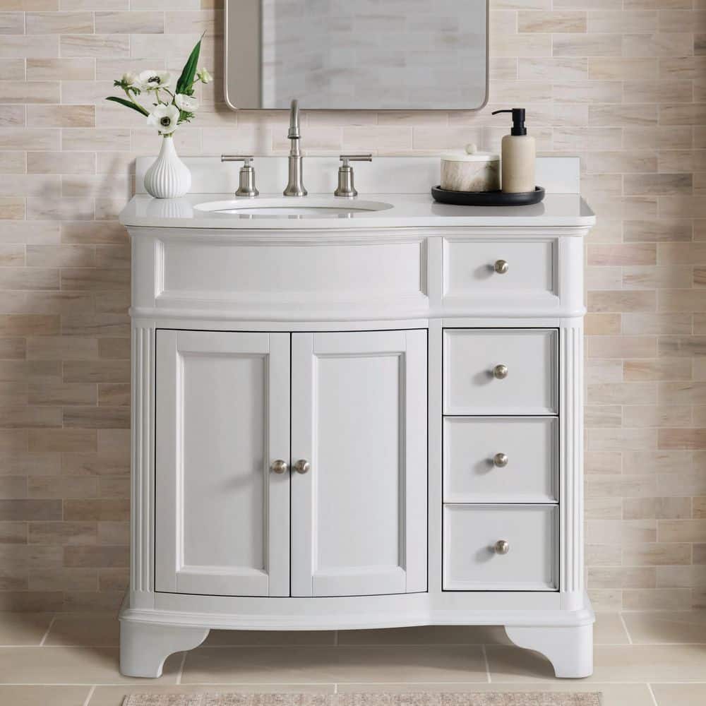 Terryn 37 in. Single Sink White Bath Vanity with Engineered White Marble To