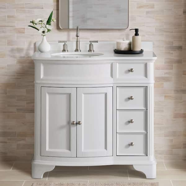 Terryn 37 in. Single Sink White Bath Vanity with Engineered White Marble Top (Assembled)