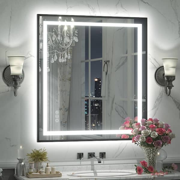 28 in. W x 32 in. H Rectangular Framed Front and Back LED Lighted Anti-Fog Wall Bathroom Vanity Mirror in Tempered Glass