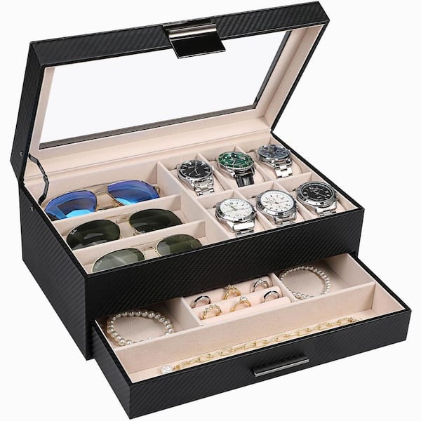 Unbranded 2-Layer Watch and Jewelry Organizer Box for Men and Women, Black Storage Case, 13.3 in. x 8.3 in. x 5.1 in.