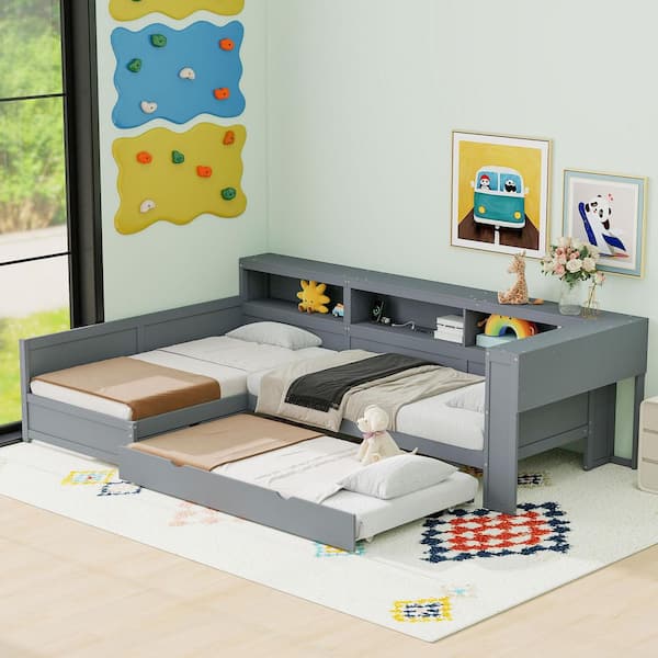Nell Grey Wood Frame Twin Size L-Shaped Daybed with Pull Out Trundle, Charging Station, 5 Storage Drawers