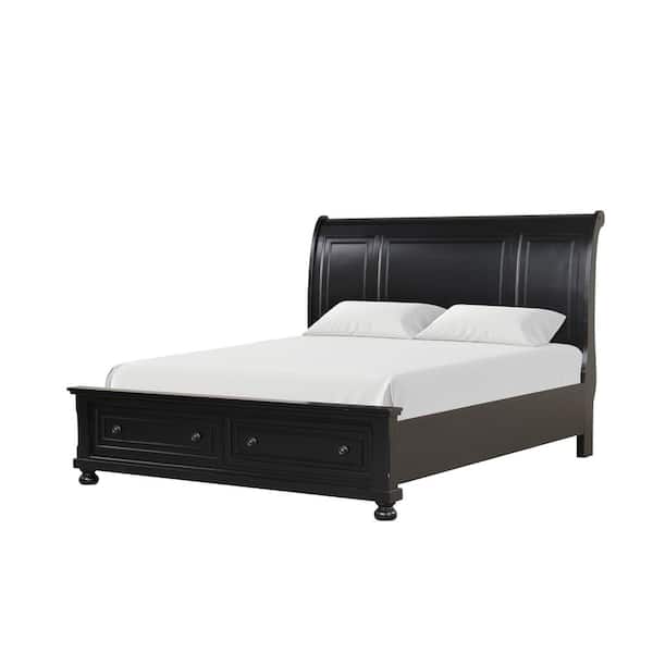 Levesia Black Wood Frame Queen Size Storage Platform Bed with Sleigh Headboard and Drawers