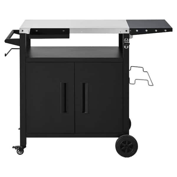 Outdoor Serving Cart Grill Cart, Bar Cart with Foldable Table, Wheels and Stainless Steel Top and Hooks and Spice Rack