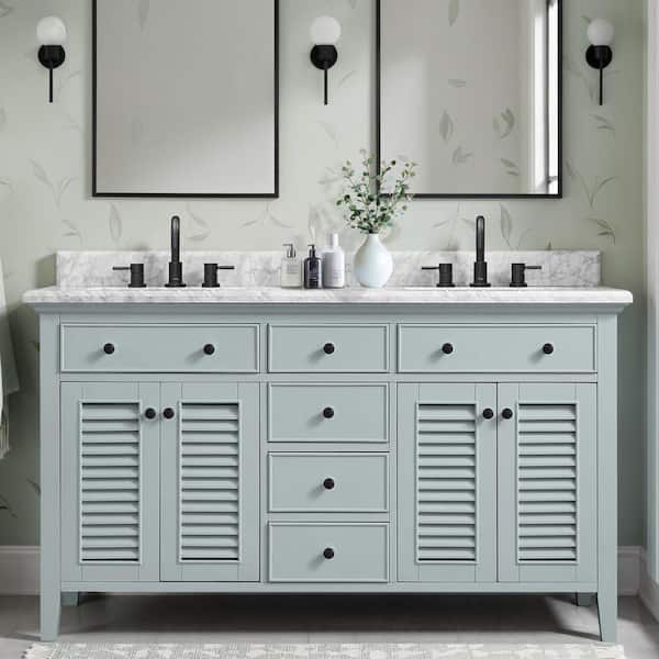 Fallworth 61 in. Double Sink Light Green Bath Vanity with Carrara Marble Top (Assembled)