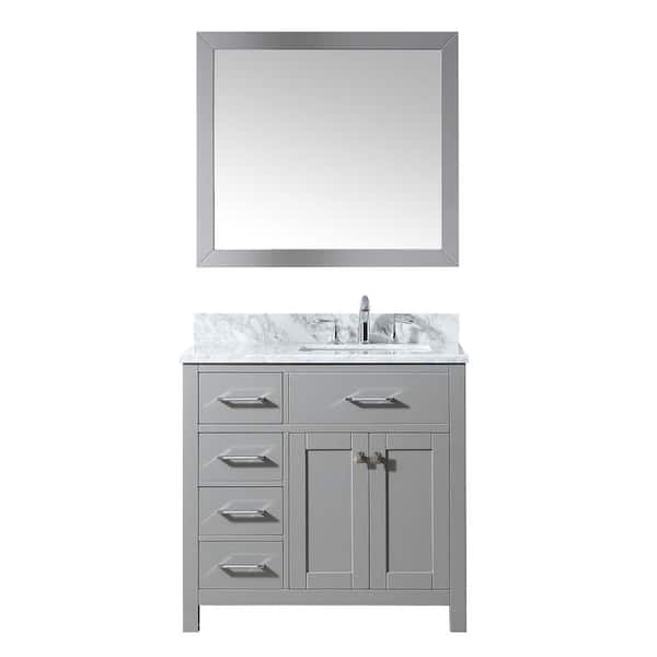 Virtu USA Caroline Parkway 36 in. W Bath Vanity in Cashmere Gray with Marble Vanity Top in White with Square Basin and Mirror