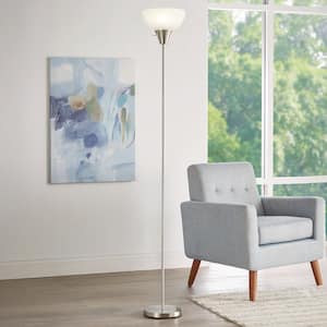 70 in. Brushed Nickel 1-Light Torchiere Floor Lamp with Plastic Shade