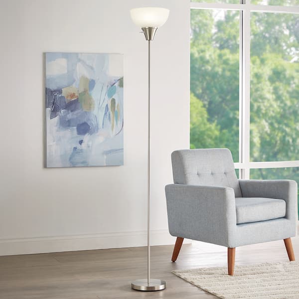 70 in. Brushed Nickel 1-Light Torchiere Floor Lamp with Plastic Shade