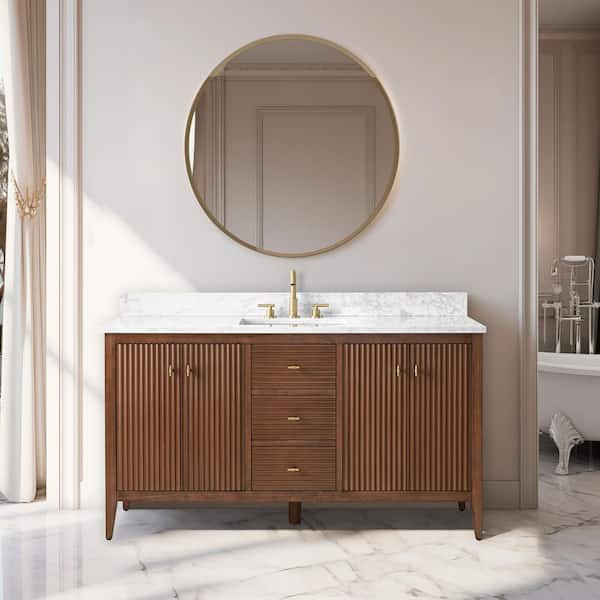 Vanity Art 60 in. W x 22 in D x 38 in. H Single Sink Bathroom Vanity Cabinet in Linear Walnut with White Engineered Marble Top