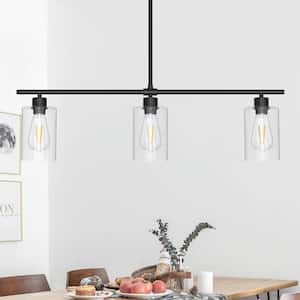 3-Light Black Kitchen Island Linear Pendant with Clear Glass Shades