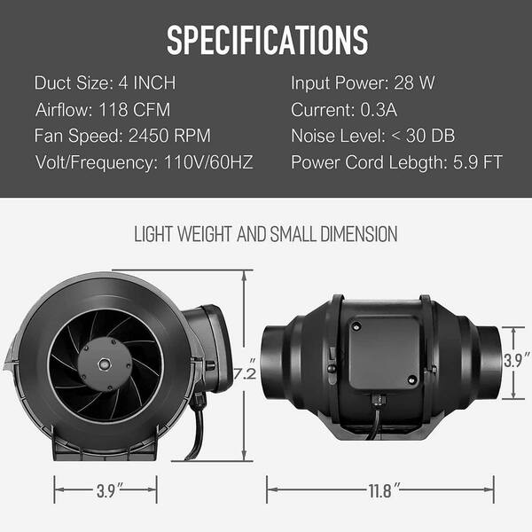 iPower 4 inch 100 CFM Booster Fan Inline Duct Vent Blower for HVAC EX