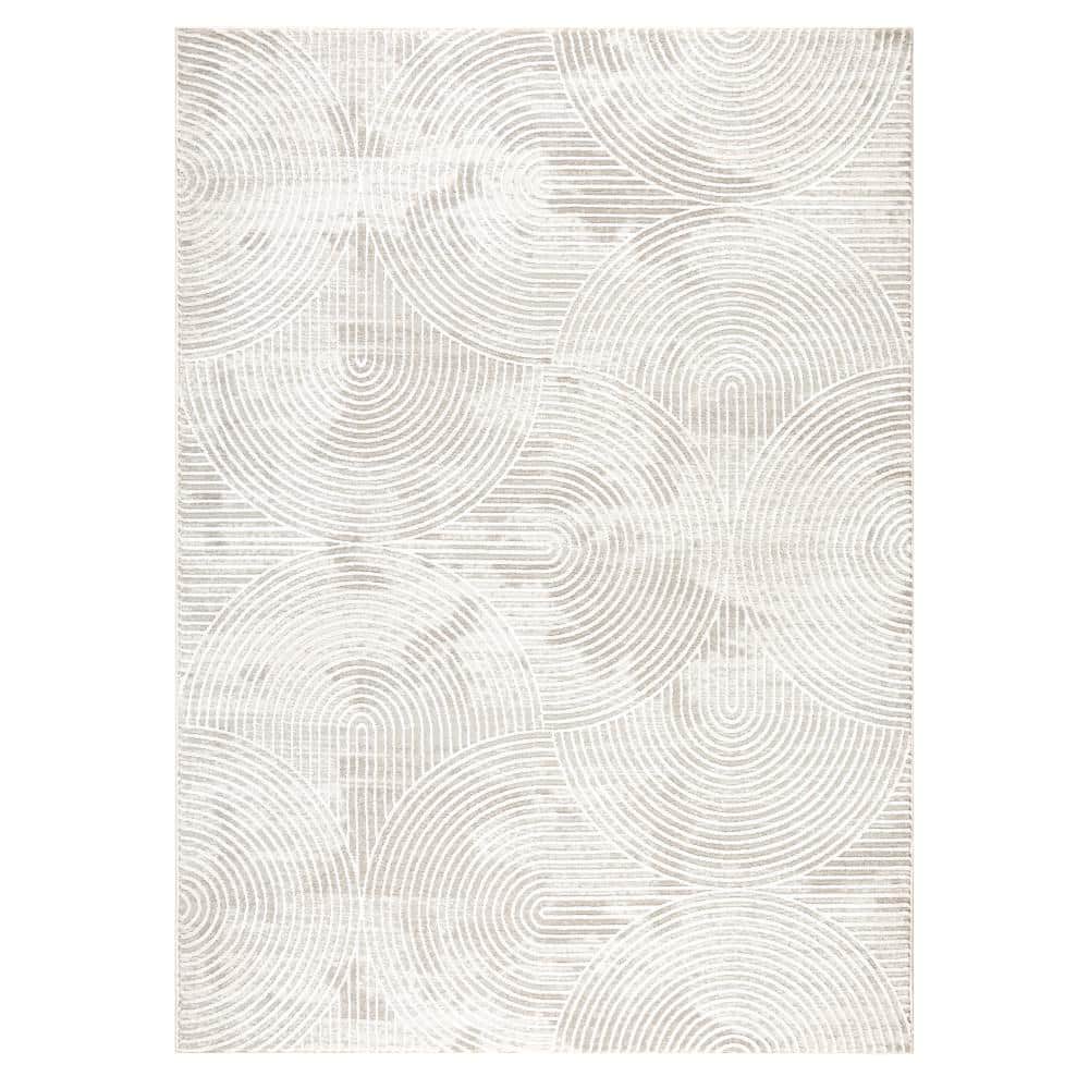 Ivory and Greige Polyester Rectangular Area Rug with High-Low Texture