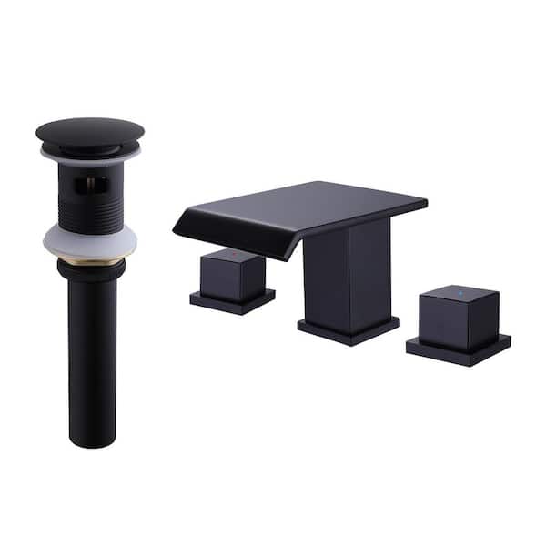 8 in. Solid Brass 2-Handle Waterfall Widespread Bathroom Sink Faucet with Drain Kit in Matte Black