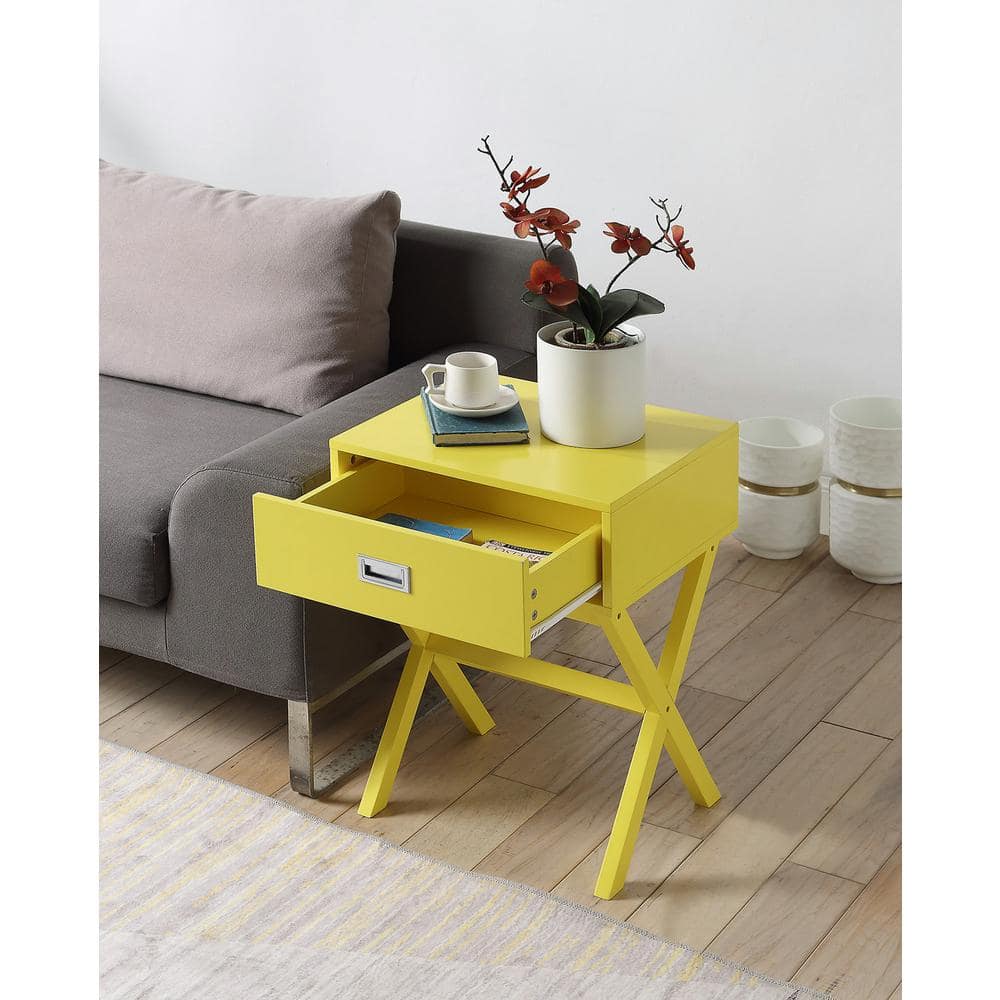 Yellow Wood End Table with Storage Drawer