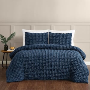 3-Piece Textured Puff Blue Full/Queen Microfiber Comforter Set