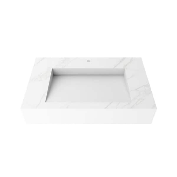 Pyramid 30 in. Wall Mount Solid Surface Single Basin Rectangle Bathroom Sink in Matte White Marble