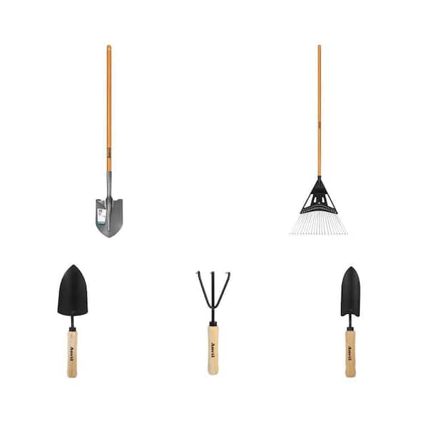 47 in. Wood Handle Digging Shovel, 47 in. Wood Handle Lawn Rake, 5-2/5 in. Trowel, Cultivator and Transplanter Combo