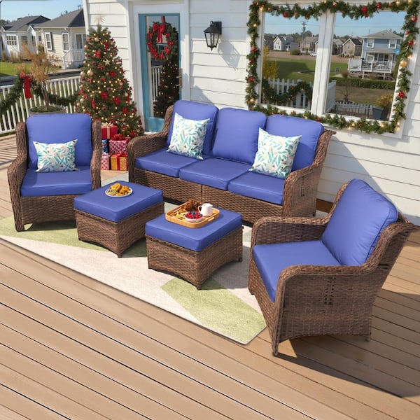 Brown 5-Piece Wicker Outdoor Patio Conversation Seating Set with Navy Blue Cushions