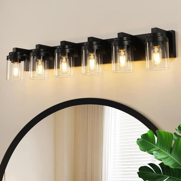38 in. 6-Light Matte Black Farmhouse Bathroom Vanity Light with Clear Glass Shade