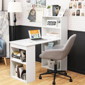 48 in. Rectangular White Wood Computer Desk Writing Workstation Office w/6-Tier Storage Shelves