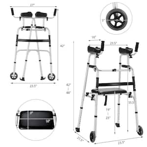 Foldable Aluminum Alloy Walker Wheel Walking Frame W/Seat and Armrest Pad