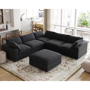 120.45 in. Modular Barong Linen Flannel Flared Arm Large 6-Seat L-shape Corner Sectional Sofa with Storage Ottoman,Black