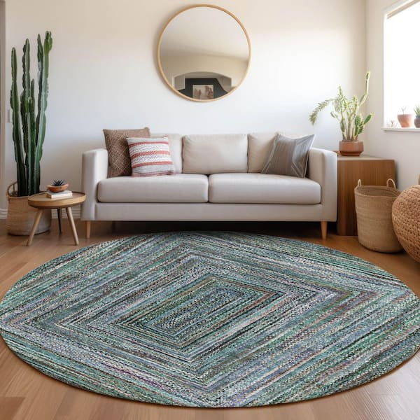 Chantille Machine Washable Indoor/Outdoor Abstract ACN1725 Teal 8 ft. x 8 ft. Round Rug