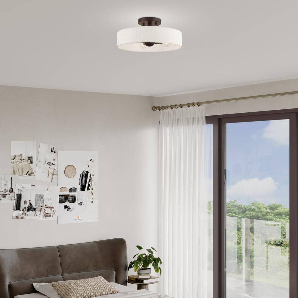 Bronze Antique Brass 4-Light Drum Semi-Flush Mount with Oatmeal Shade