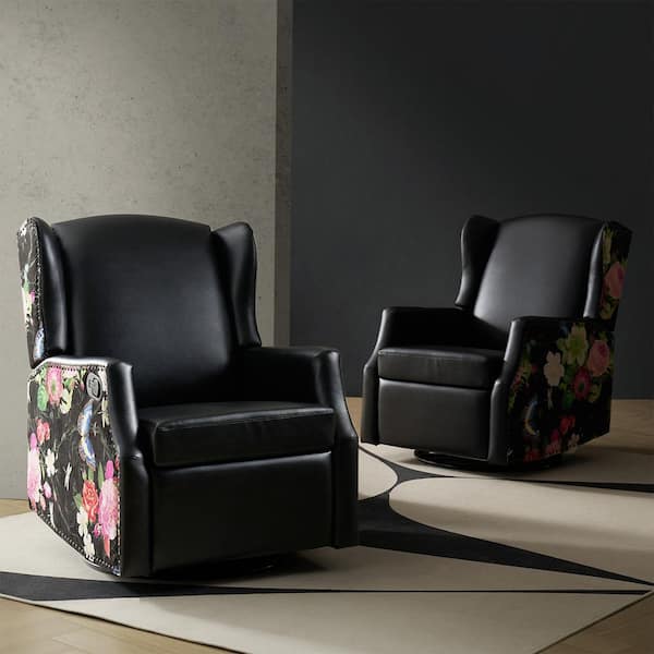 JAYDEN CREATION Celio Black Wingback Vegan Leather Swivel Rocker Recliner Set of 2