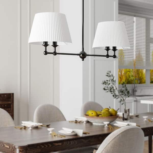Regan 4-Lights 35.8 in. Black Modern Candle Dimmable Chandeliers With White Linen Lampshade Living Foyer Lighting