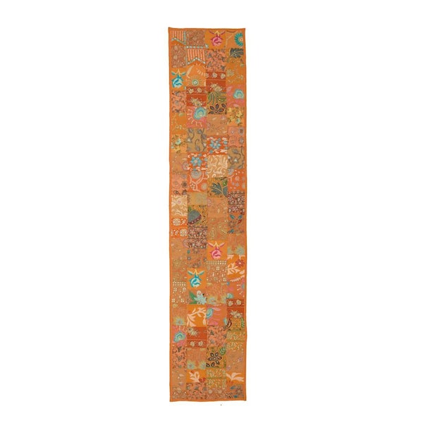 LR Home Timbuktu 16 in. H x 80 in. W Hand Crafted Orange Cotton and Poly Recycled Sari Table Runner