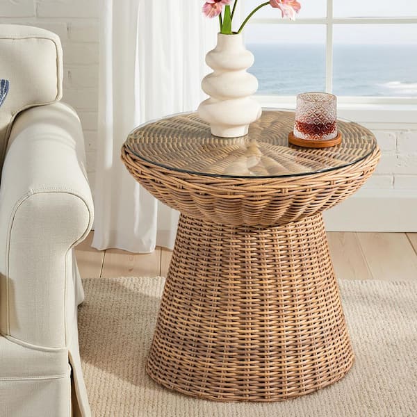 Africa 20.75 in. Natural Round Glass End Table with Metal Frame