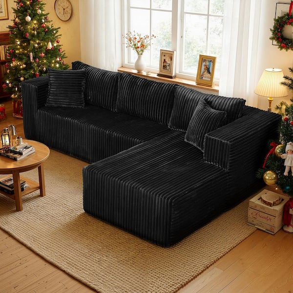 105.11 in. Wide Square Arm 2-Piece Modern Corduroy Fabric L-Shape Modular Sectional Sofa in Black with Chaise