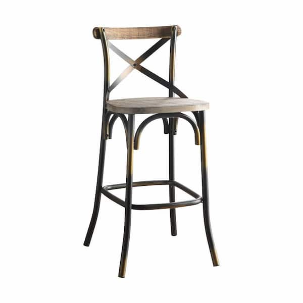 HomeRoots 43 in. Black and Gold High Back Metal Counter Height Bar Chair with Wood Seat